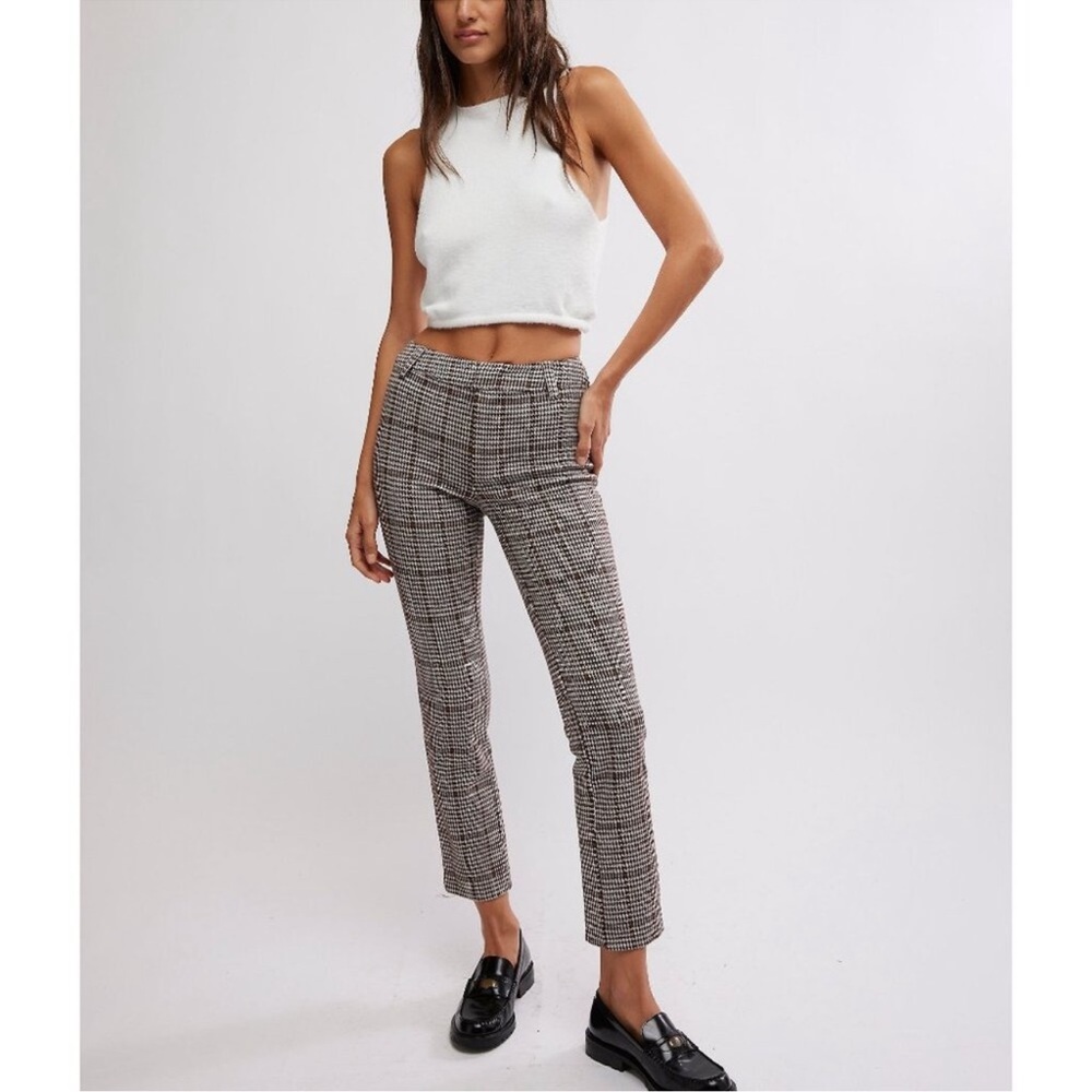 Free People Molly Plaid Slim Pant 4 Neutral Combo Houndstooth Plaid Brown Y2K